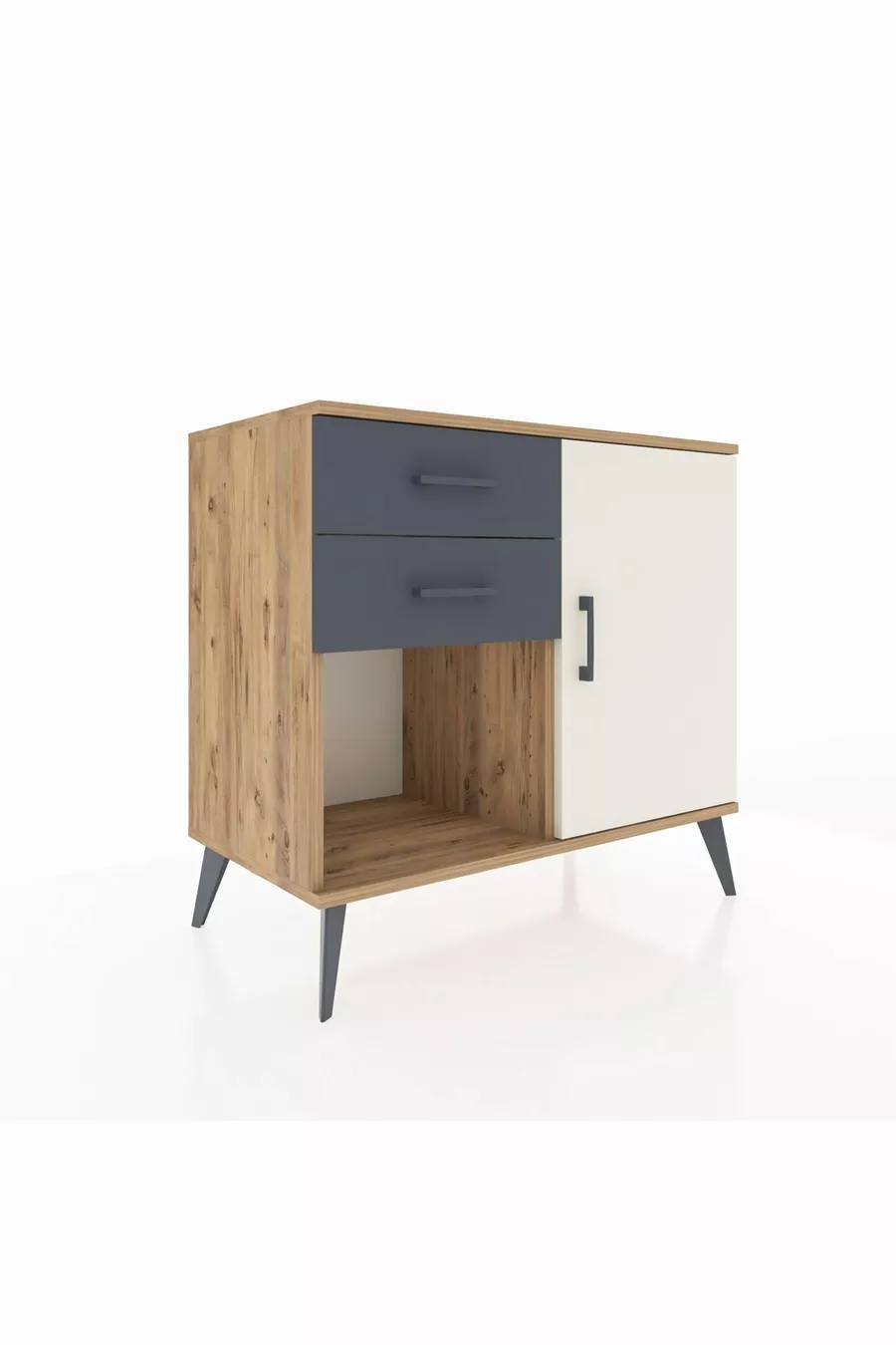 Commode Hyperion avec une seule étagère, 2 tiroirs et une porte, pin-gris/anthracite