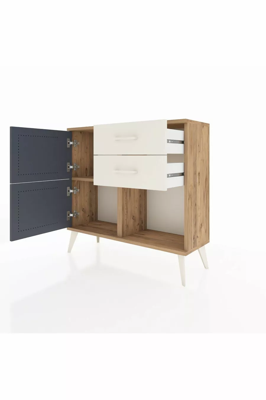 Commode Arges avec une seule étagère, 2 tiroirs et 2 portes, pin-anthracite/pierre de lune