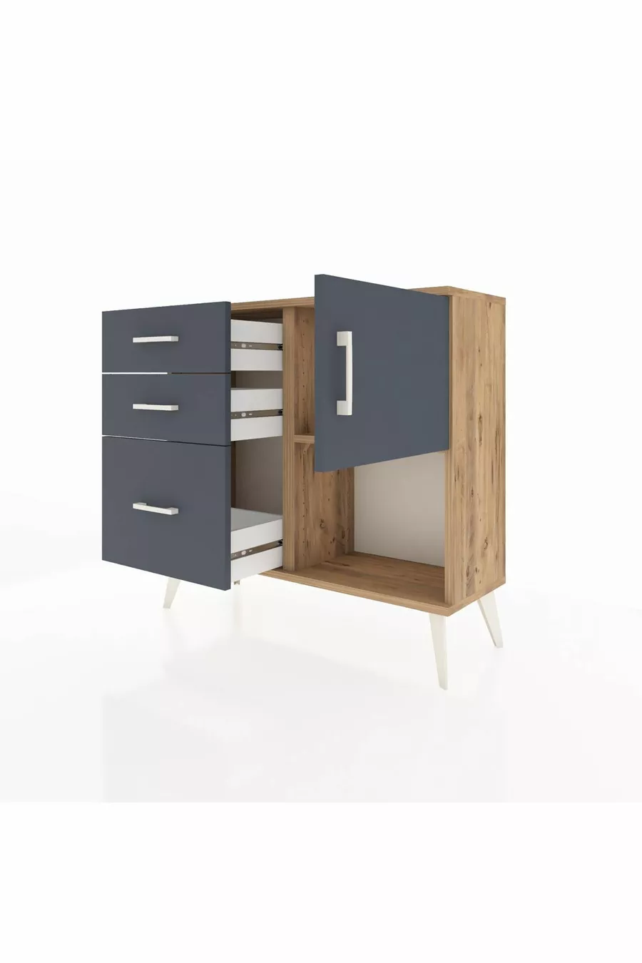 Commode Arges à une étagère, 3 tiroirs et une porte, pin-anthracite