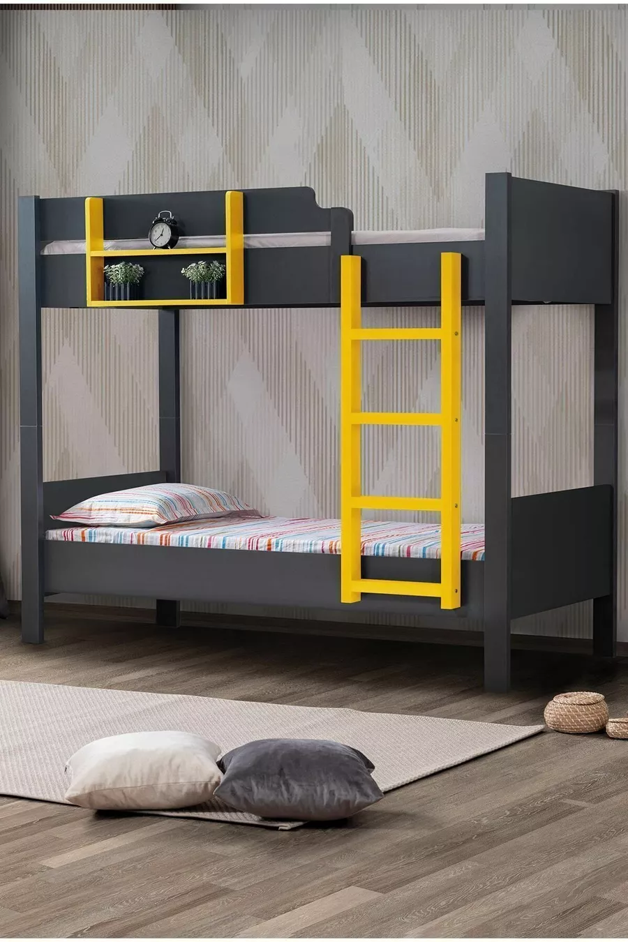 Lits superposés, lits superposés démontables pour enfants, 2 places, anthracite - jaune - cm