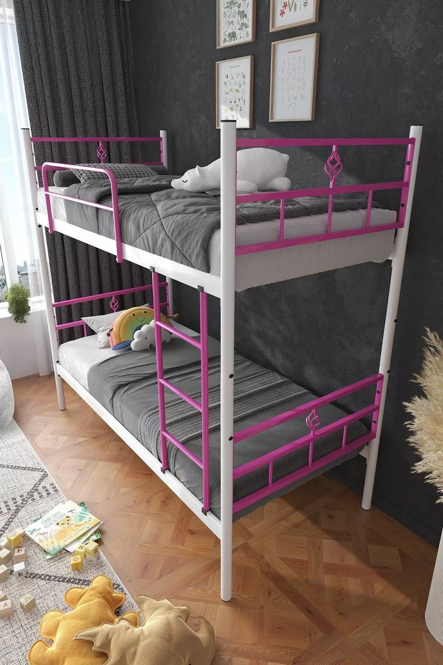 Lit superposé Koza Ranza compatible avec matelas, rose foncé, métal détachable