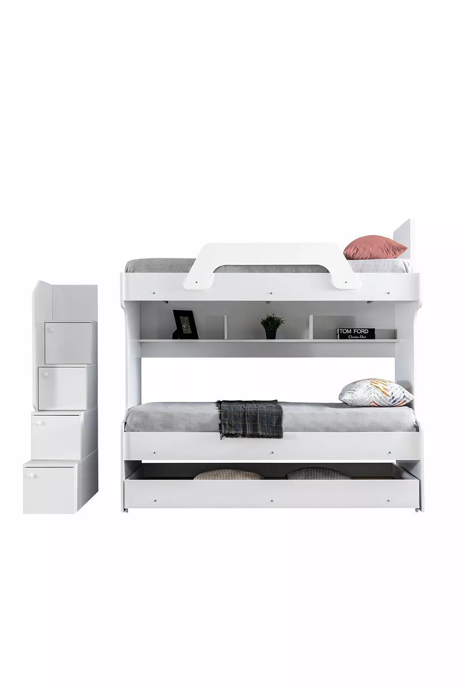 Lits superposés, Lit superposé avec tiroirs Inci - Blanc 2 matelas Confort