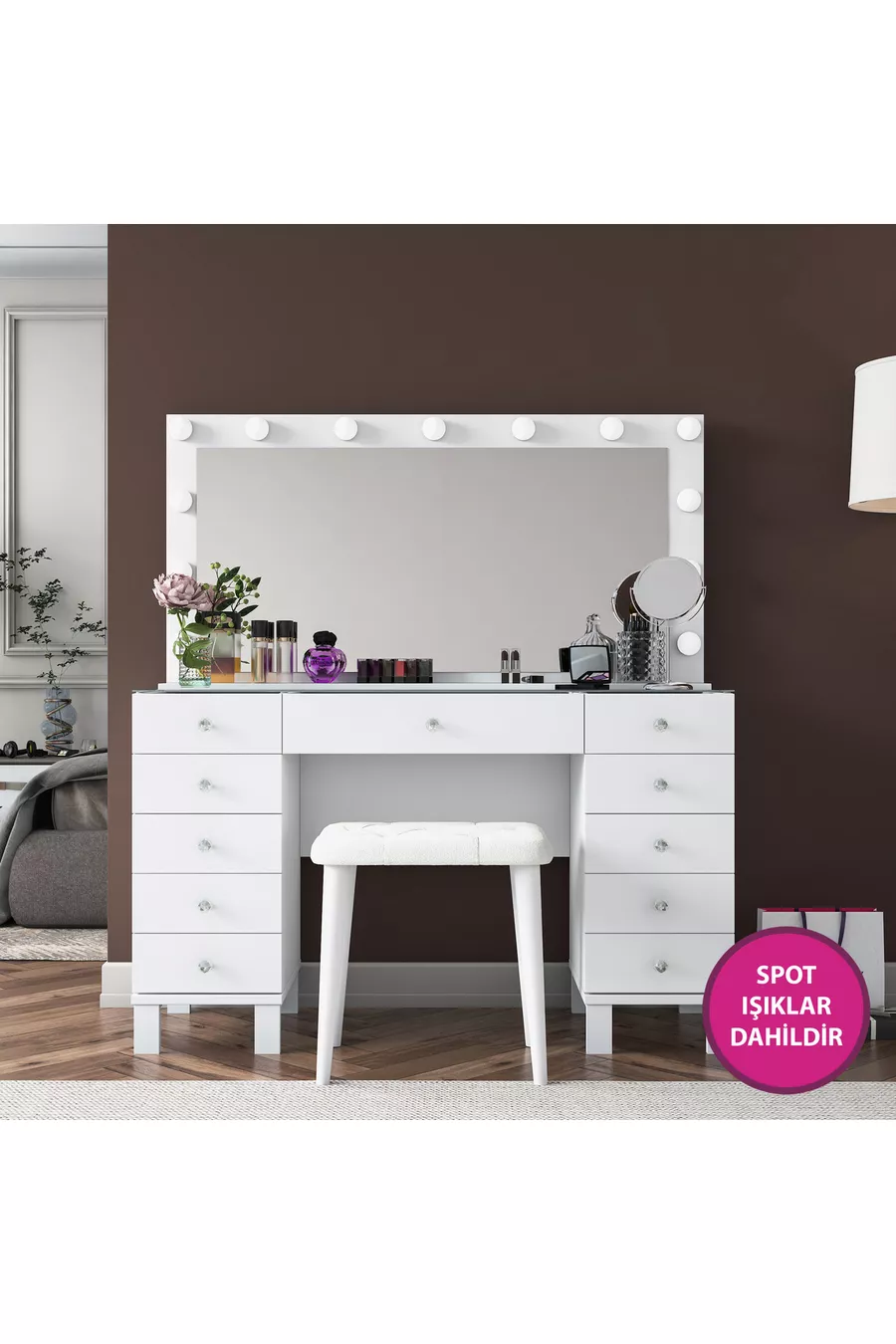 Rani Coiffeuse de Coulisses avec Miroir Illuminé Hollywood, Ensemble avec Tiroirs, Organisateur de Bijoux et Pouf, Blanc