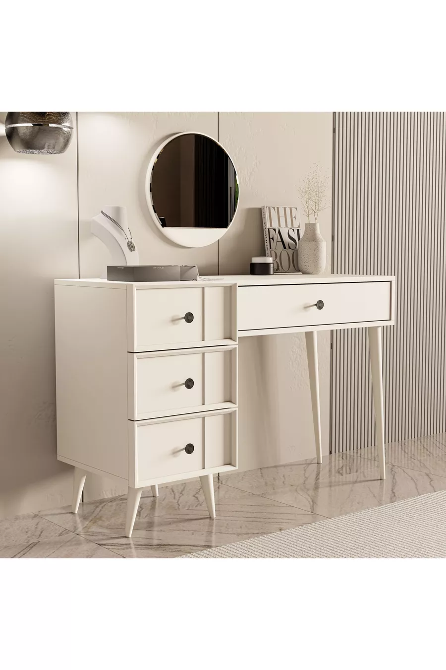 COIFFEUSE ROSE AVEC MIROIR (PIEDS EN BOIS) CADRE EN MDF, 4 TIROIRS, BLANC