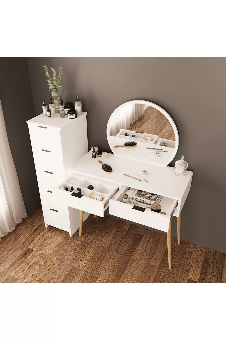 Ensemble de Coiffeuse Lucy – Blanc avec Miroir, Armoire à Tiroirs, Organisateur de Bijoux