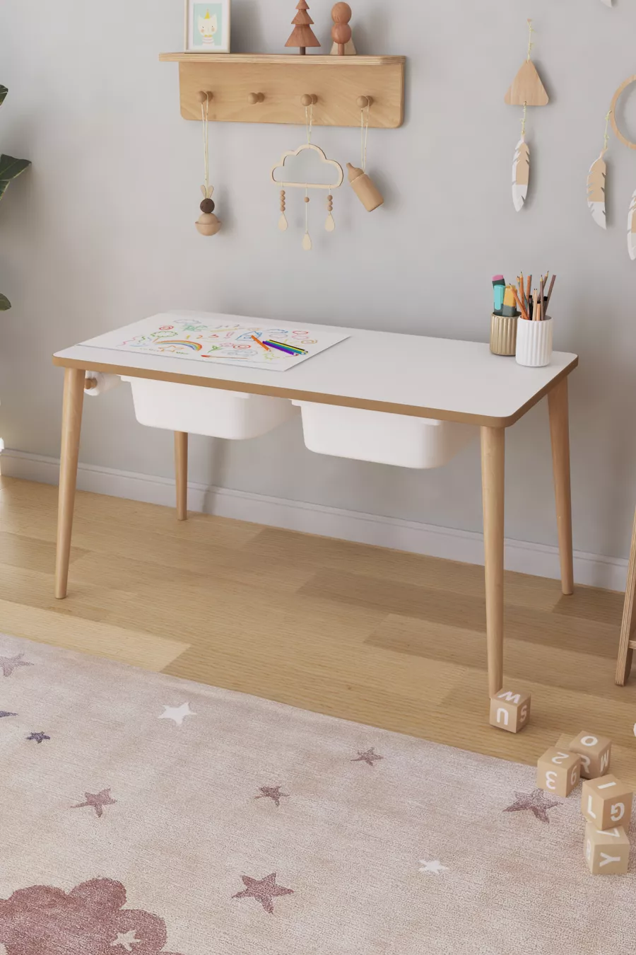 Table d'activité pour enfants avec papier à dessin en rouleau, 2 chaises et tiroir - Panda