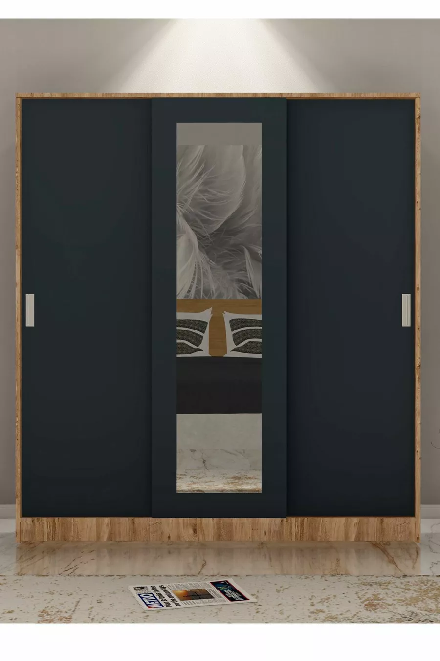 Armoire en anthracite gris GM  Sline 3 portes coulissantes avec tringles et étagères en pin Atlantique