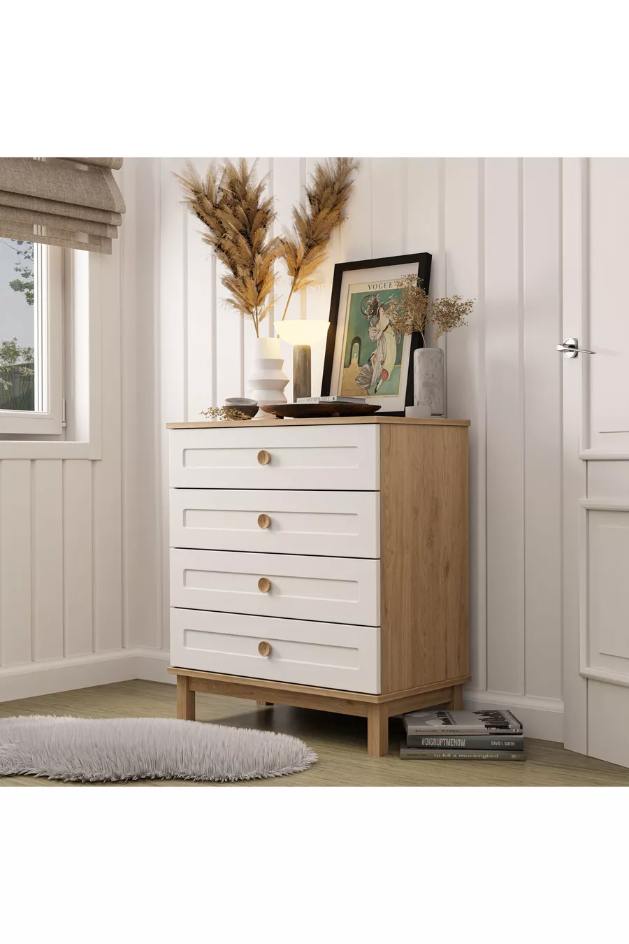 Commode à 4 tiroirs avec portes en MDF à ouverture télescopique (pieds en profilé MDF) - Blanc