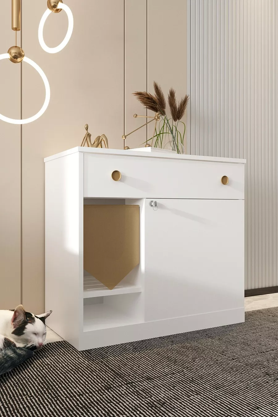 Litière pour chat en bois MONA avec tiroir - couvercle verrouillable - tissu d'entrée inclus - bac à litière non inclus - BLANC