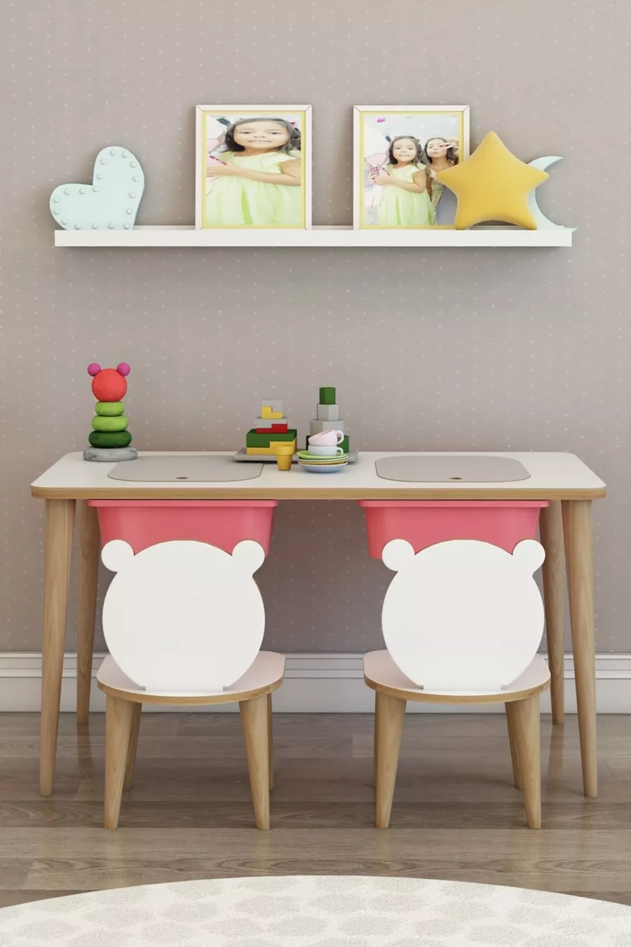 Bureau pour enfant, table de jeu et d'activités, table double avec chaises, usage été et hiver