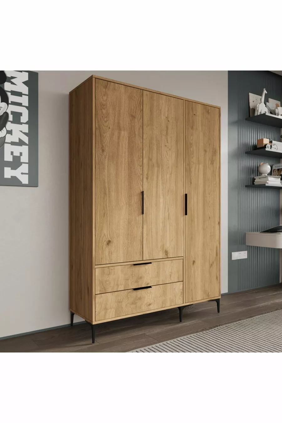 Armoire Aden à 3 portes avec tiroirs et paniers complets, penderie, armoire avec étagères