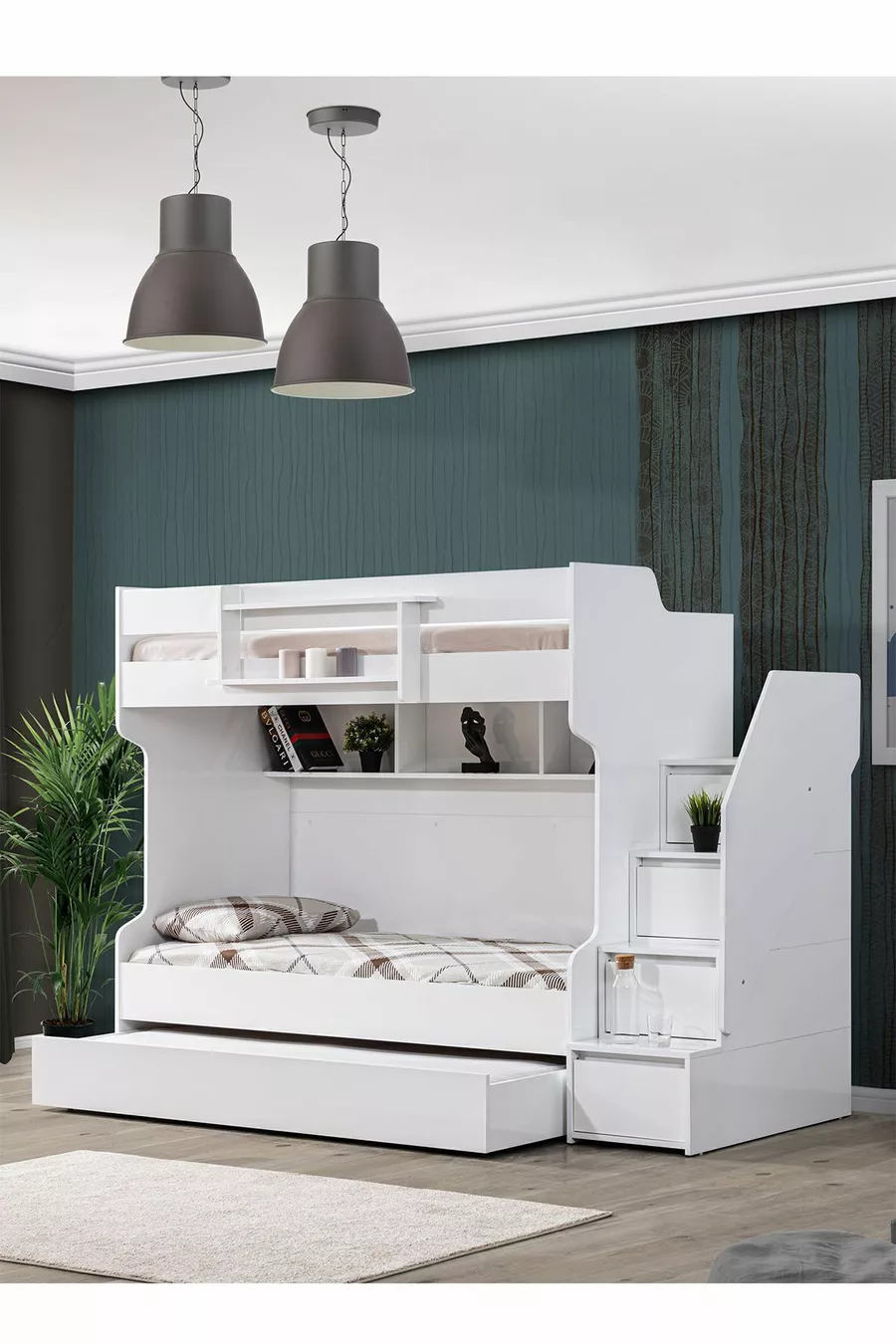 Lits superposés Ranza, courageux avec petit lit - Blanc, 3 matelas confort