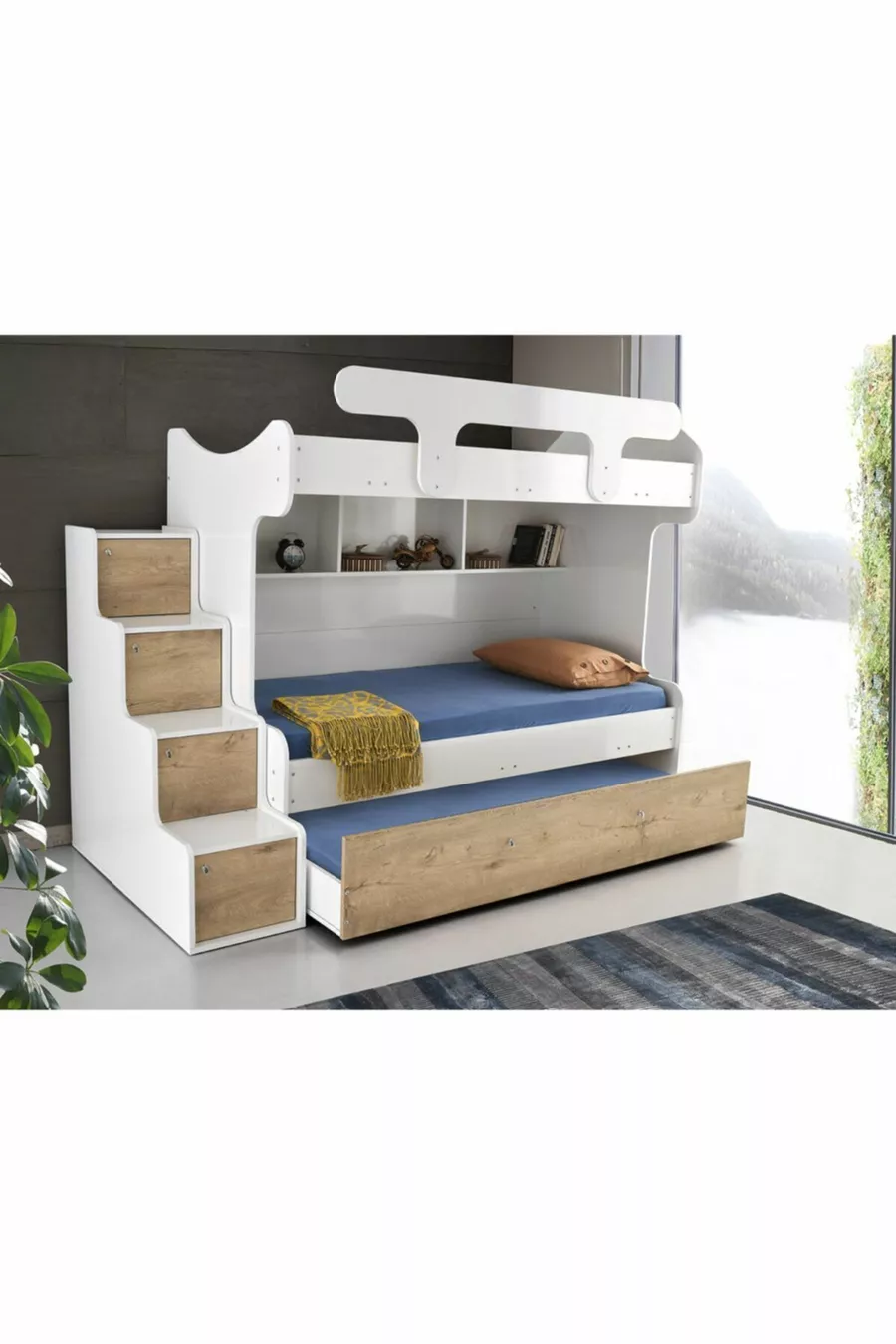 Samara Ranza - Lits superposés avec 3 lits - lits avec petit lit - blanc brillant-noyer Sonoma