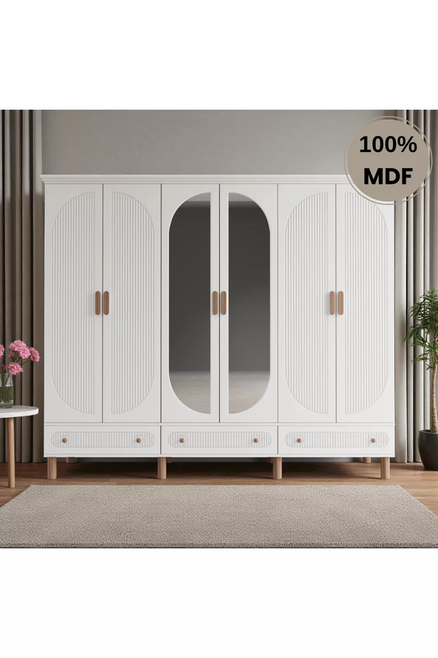 Armoire en MDF Comiet Sally avec miroir, 6 portes et tiroirs