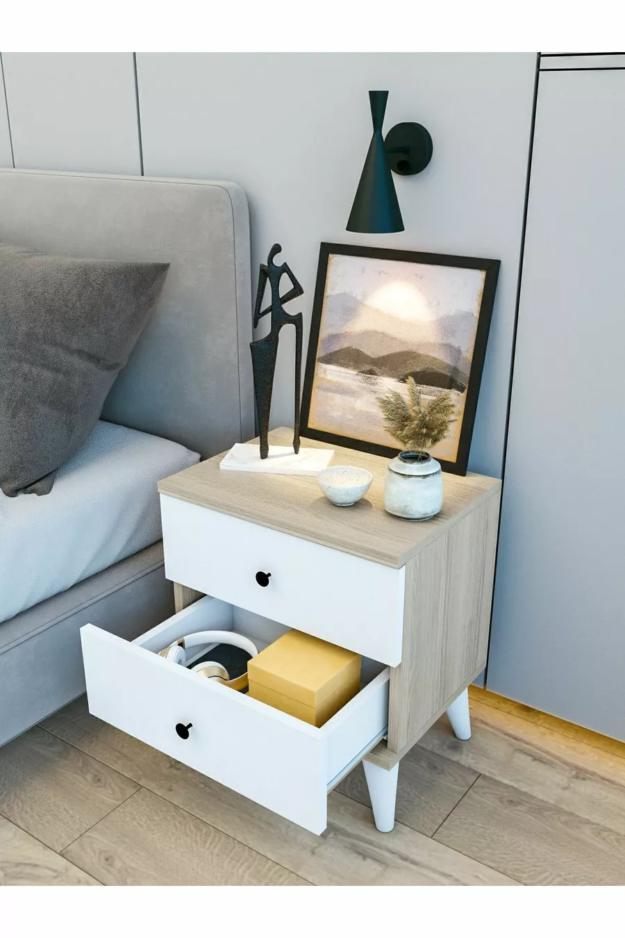 Table de chevet Cordoba en bois avec tiroirs blanc brillant et marron pour chambre à coucher
