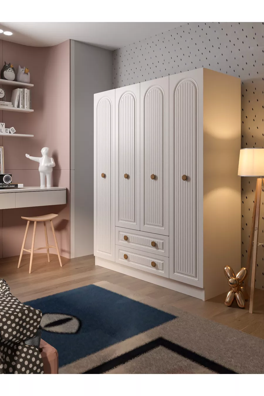 Armoire blanche élégante et raffinée Bohem à 4 portes et 2 tiroirs en MDF