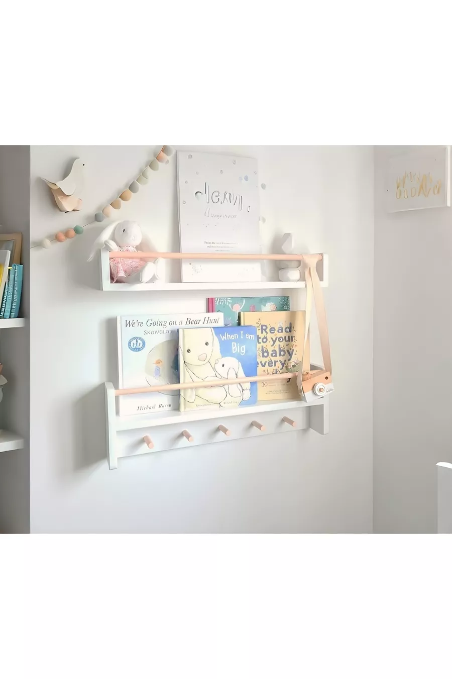 Bibliothèque murale Montessori à 2 étagères avec crochets, MDF blanc