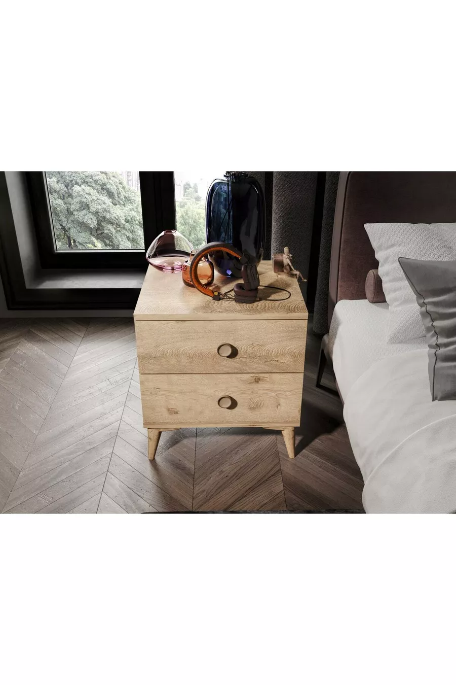 Table de chevet en chêne avec 2 tiroirs Fındık - MDFLAM de qualité supérieure
