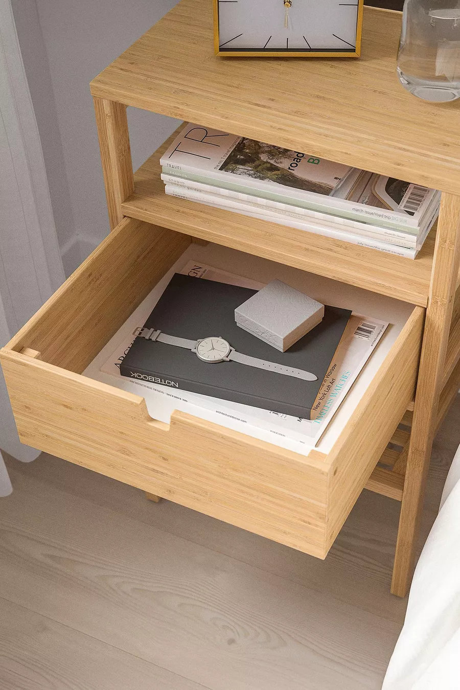 Table de chevet avec tiroirs et étagères en bambou pour chambre à coucher, organisateur commode
