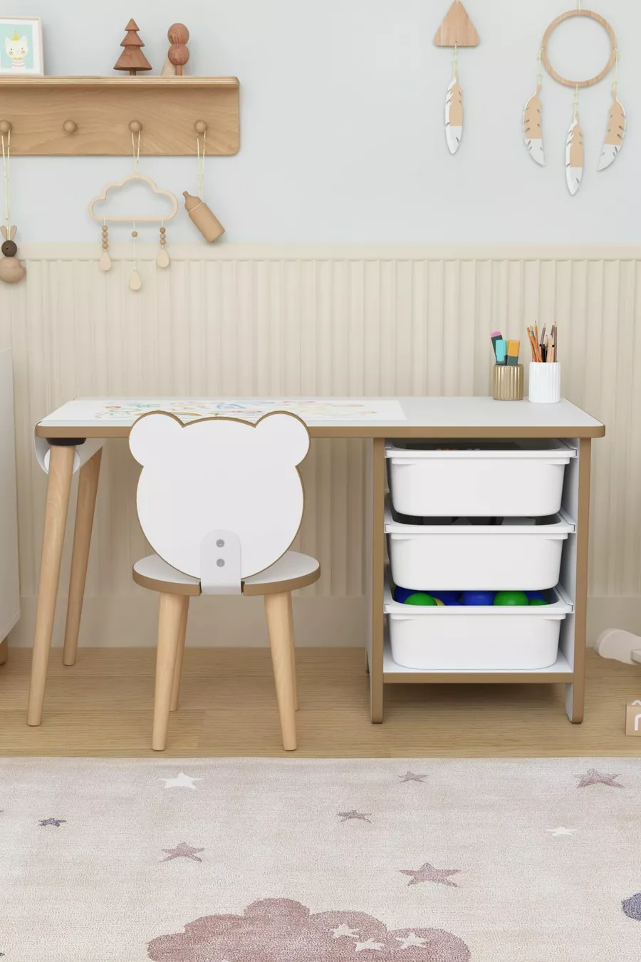 Table d'activité avec rouleau de papier à dessin, bureau pour enfants, armoire à jouets