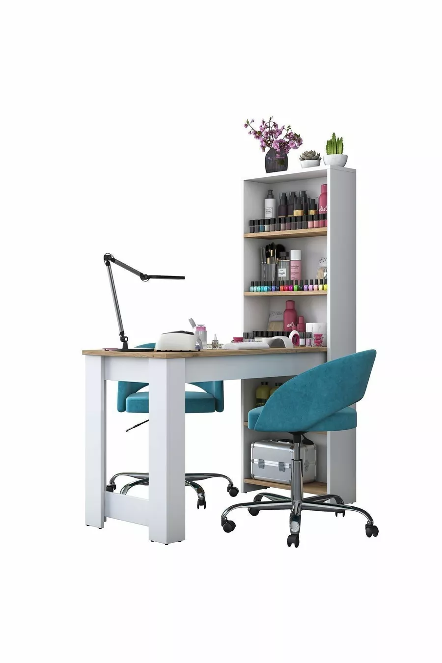 Table de manucure à tiroirs Rani - Table de maquillage avec panier Noyer - Blanc