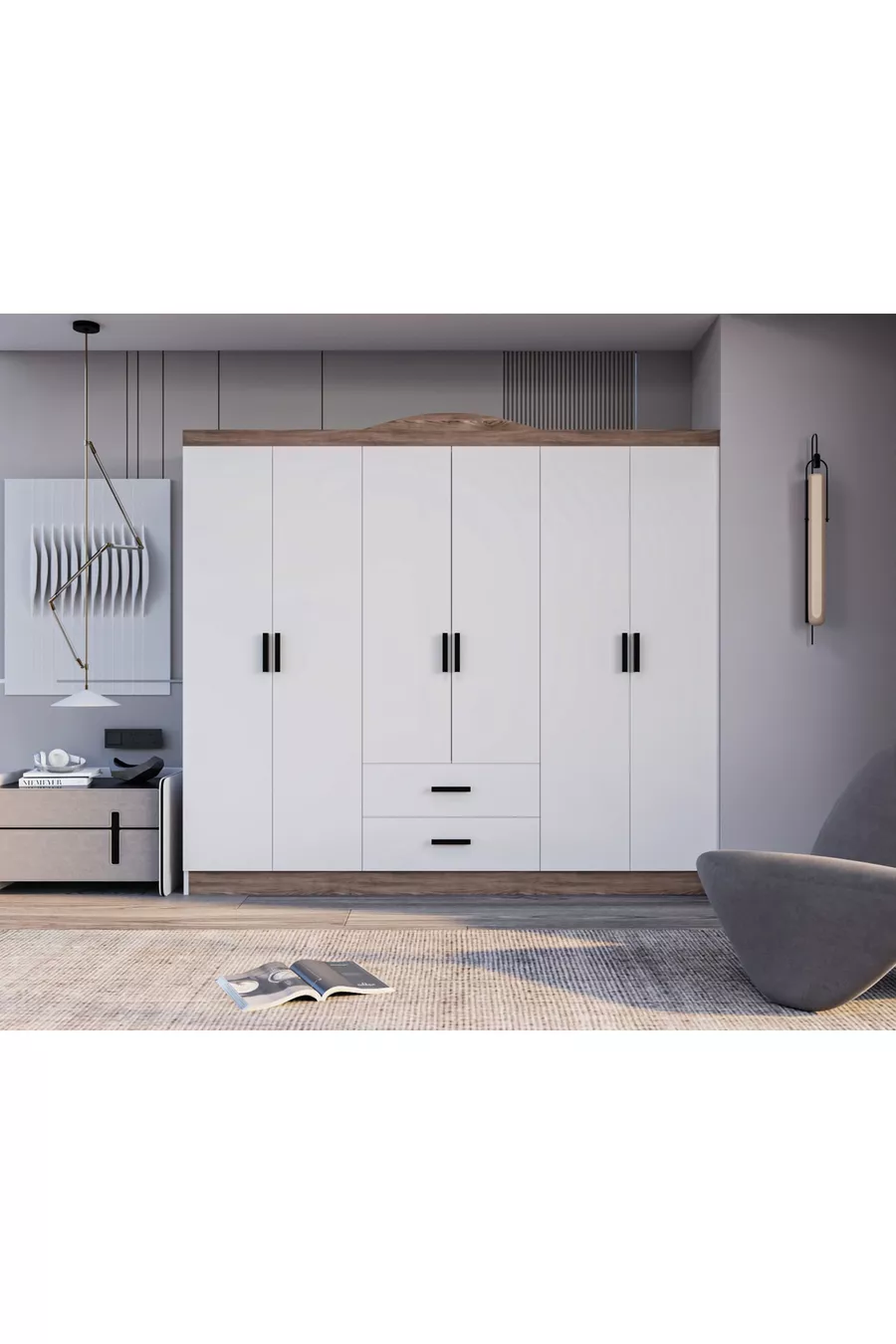 Armoire Bianca à 6 portes et 2 tiroirs, grande armoire & penderie, pin Atlantique & blanc