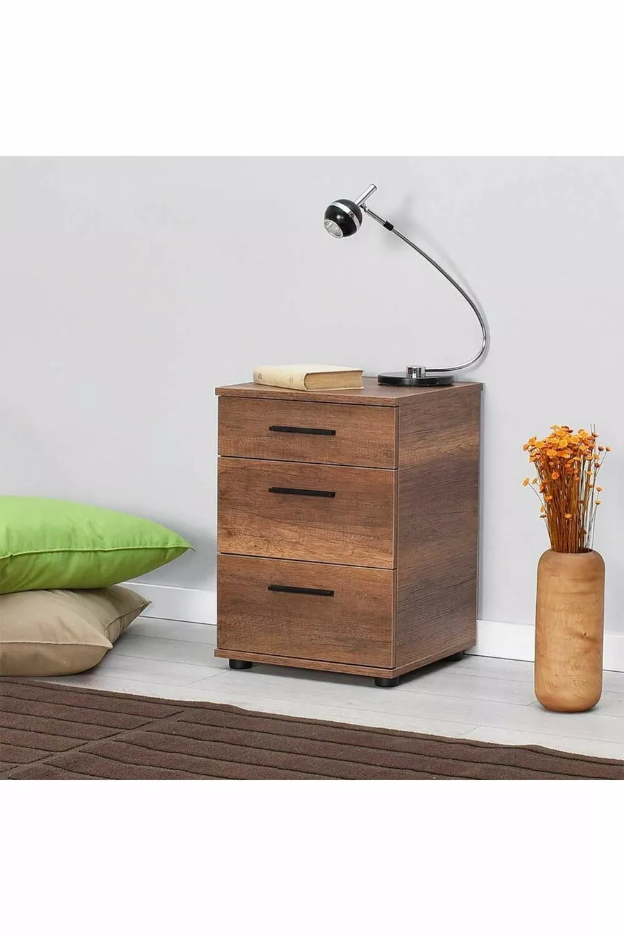 Table de chevet Trendline à 3 tiroirs - noyer foncé (noyer Oslo) Cm (l x P x H)