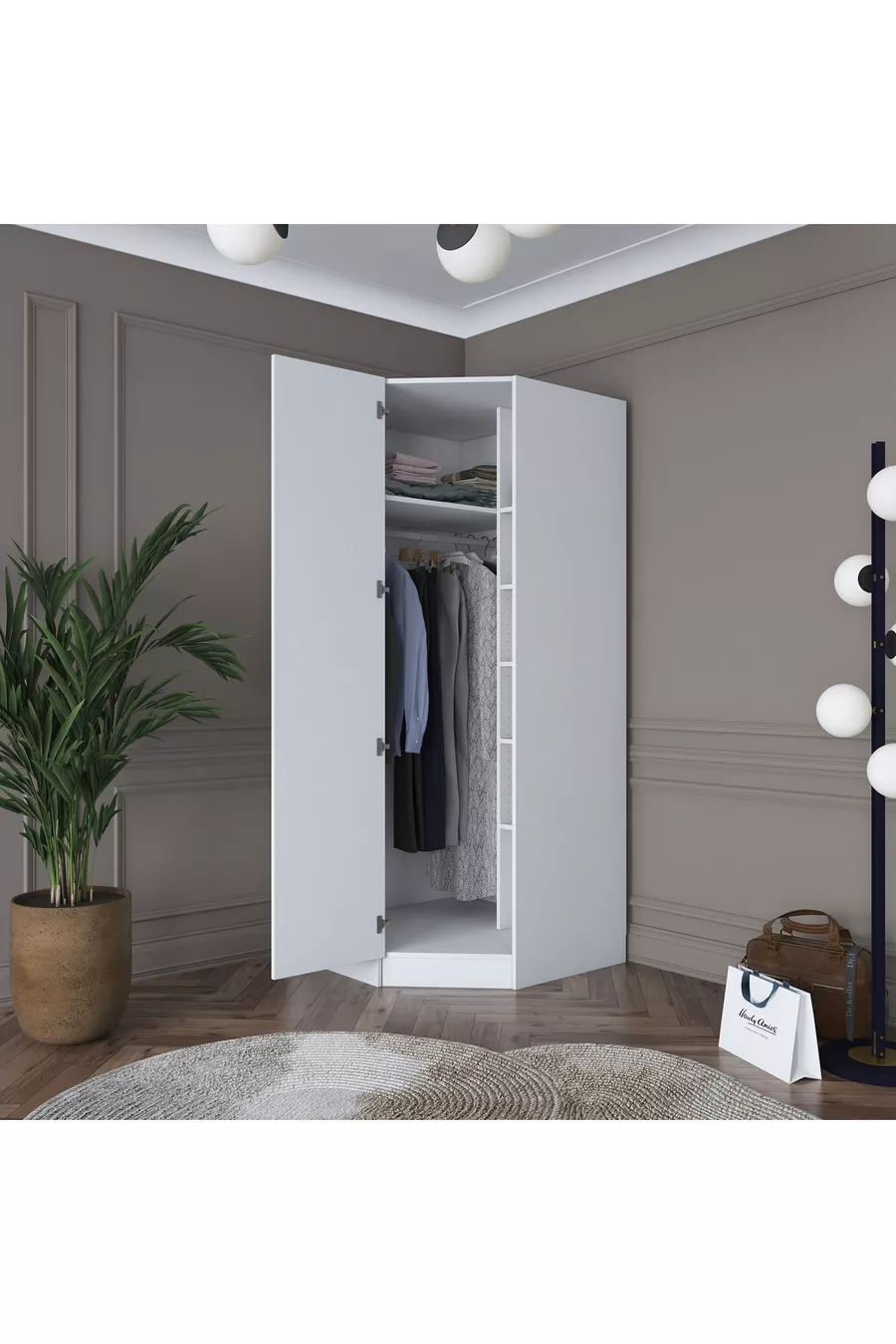 Rani  Module d'Angle Armoire 1 Porte avec 6 Étagères et Penderie Unité d'Angle Complémentaire Blanche