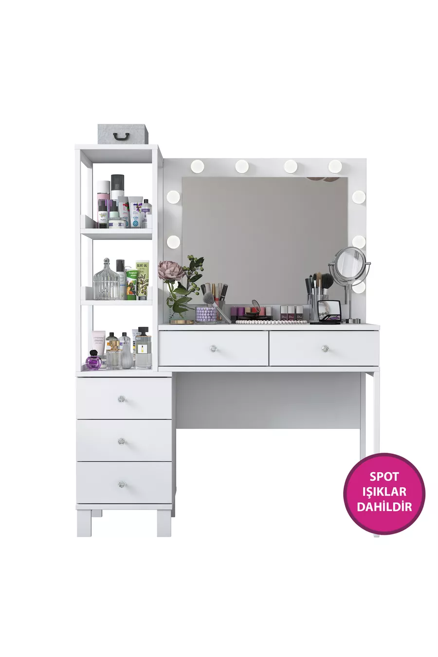 Rani Coiffeuse Miroir avec Lumières de Hollywood, 5 Tiroirs avec Étagère, Organisateur de Bijoux, Blanc