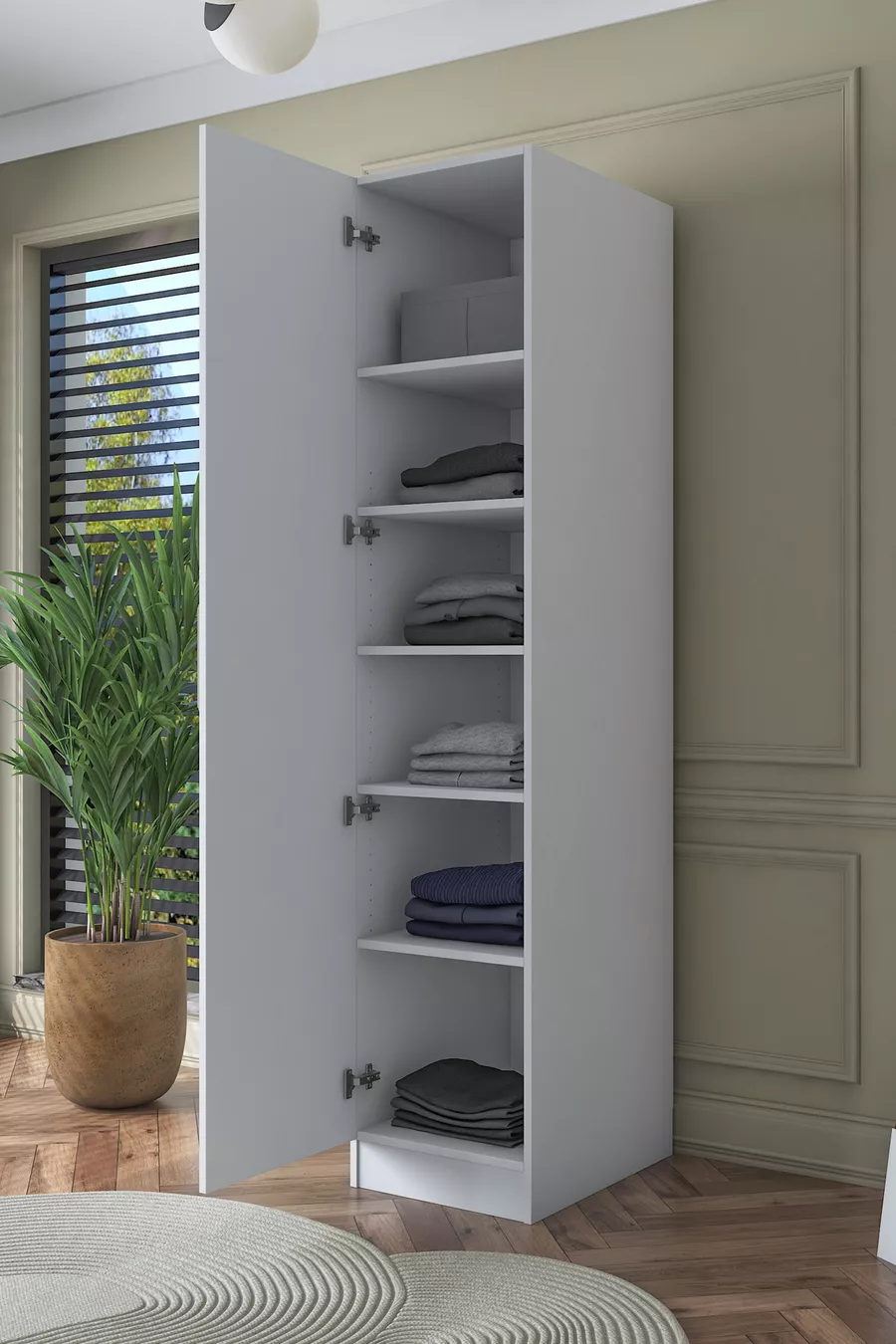 Armoire Rani  à une porte avec 5 étagères pour vêtements, blanche