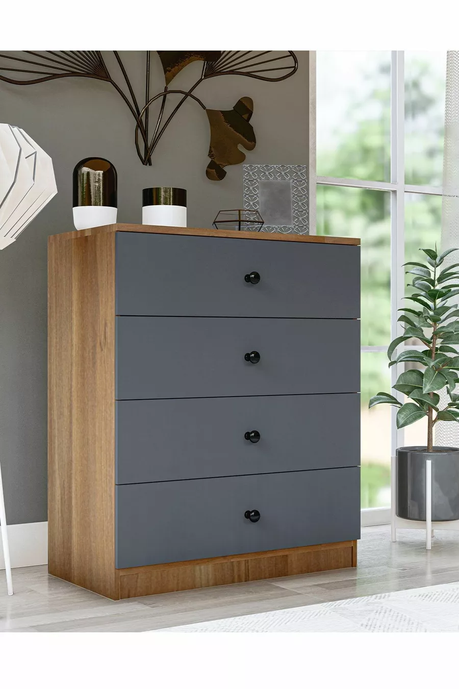 Commode GM Almina 4 tiroirs avec poignées boutons en gris anthracite-noisette