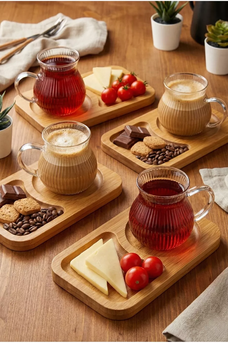 Tasse en verre borosilicat avec poignée, ensemble de 2, 4 pièces, avec assiette en bambou,  ML, tasse à thé et café en verre