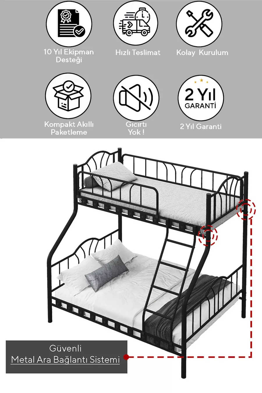 Lit superposé métallique pour 3 personnes avec 3 places pour parents  &  Noir