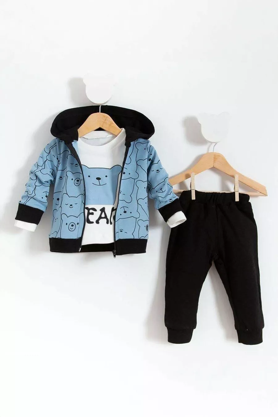 Ensemble Bébé Enfant 3 Pièces Gilet À Capuche À Fermeture Éclair T-shirt À Manches Longues Pantalon - Bleu % Coton
