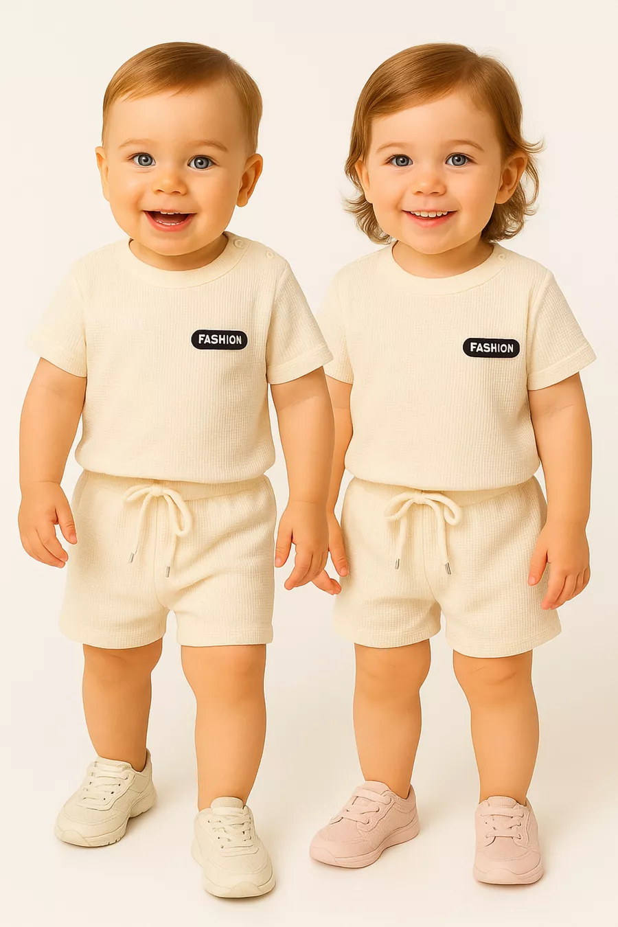 Ensemble d'été Waffle Fashion avec short 6 mois - 3 ans Beige clair