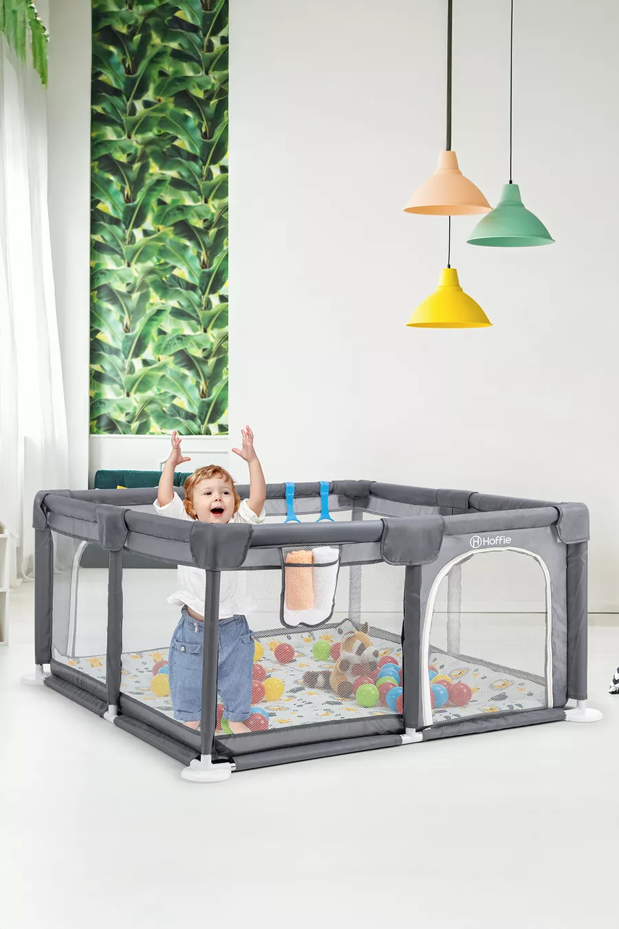 Aire de jeux sécurisée Original Playard Plus pour bébés et enfants, parc de jeux, tapis de jeu et balles, gris