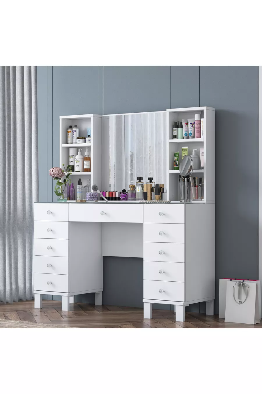 Rani Coiffeuse avec Tiroirs, Étagères et Miroir, Organisateur de Bijoux Blanc