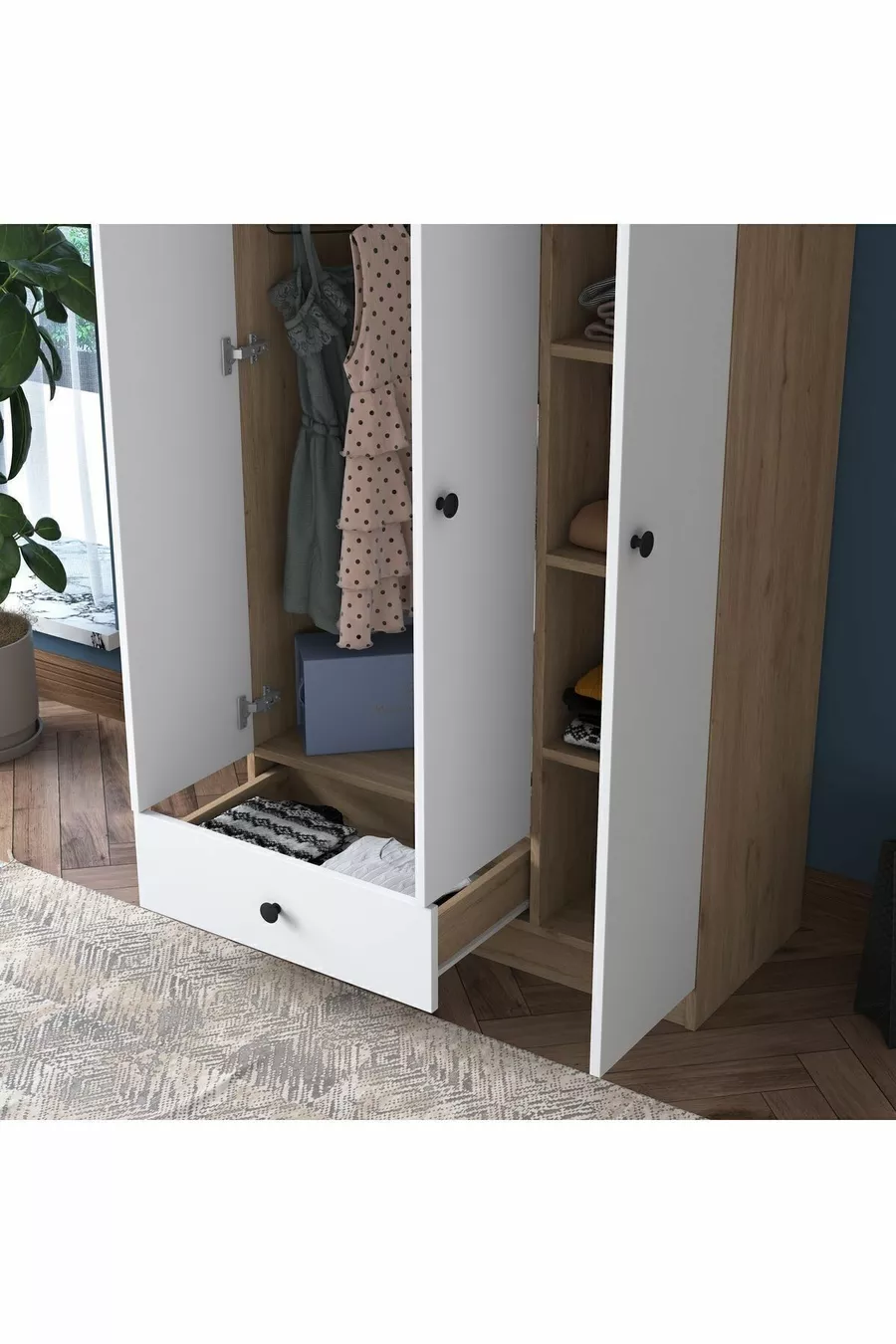 Armoire Rani  Wardrobe 3 portes 1 tiroir 6 étagères 1 panier suspendu Noyer - Blanc