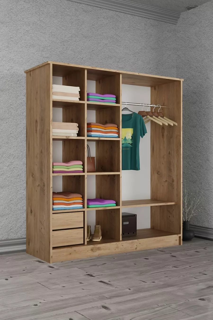 Armoire coulissante  Zambak avec étagères, tiroirs et tringle, en pin (portes blanches)