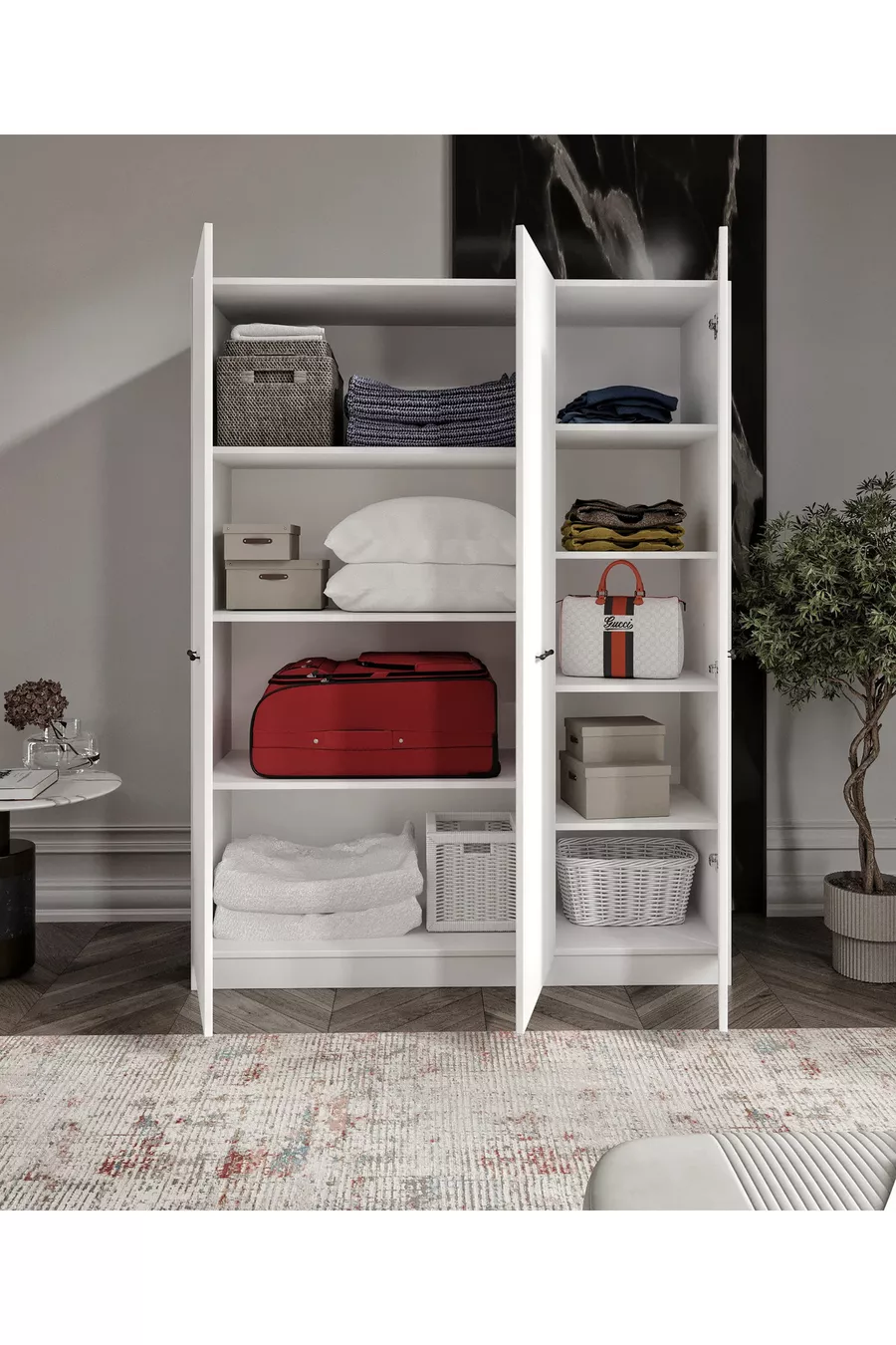 Buffet-armoire à 3 portes avec base et 9 compartiments en MDF % Armoire entièrement en MDF