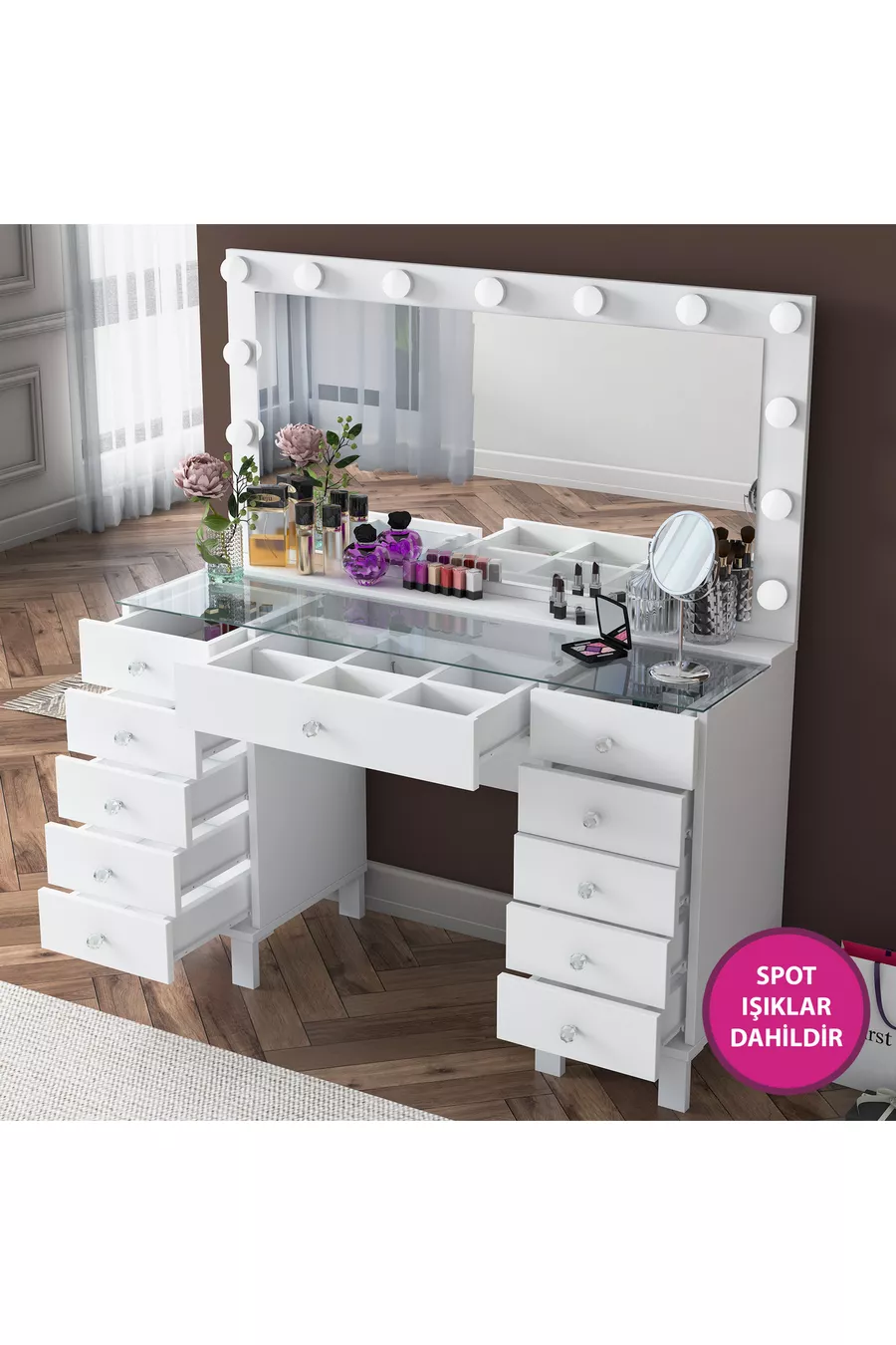 Rani Coiffeuse de Coulisses avec Miroir et Lumières Hollywood, Organisateur de Bijoux avec Tiroirs, Blanc