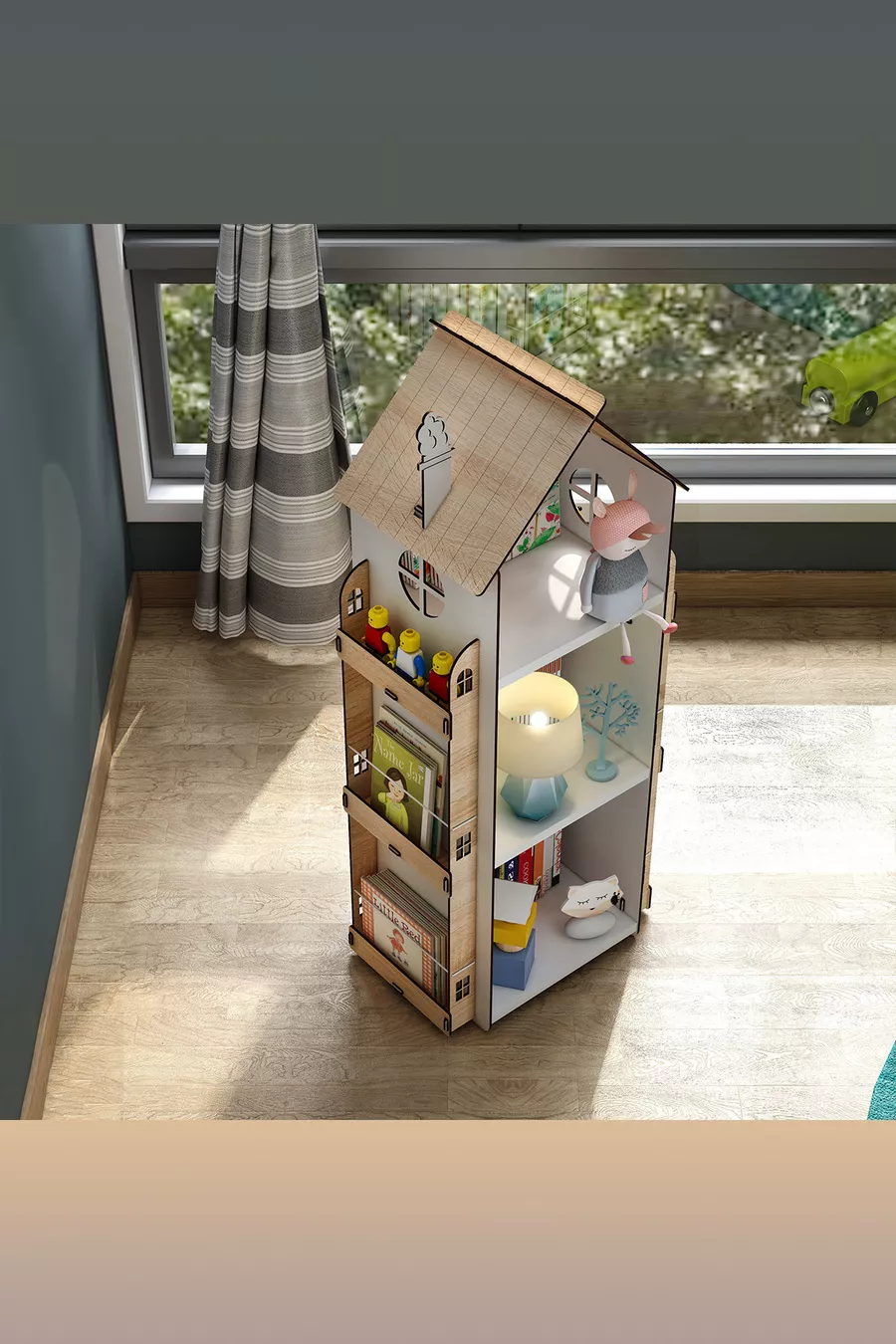 Bibliothèque Montessori en bois pour chambre d’enfant Roofy à 9 étagères, style scandinave