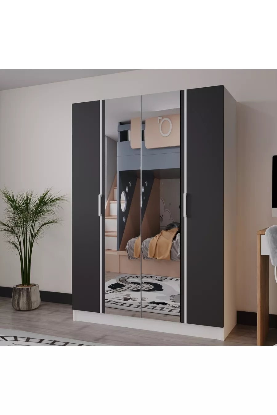 Armoire 4 portes PIANO pour chambre d'adolescent/enfant - Armoire gris anthracite et blanc avec miroir