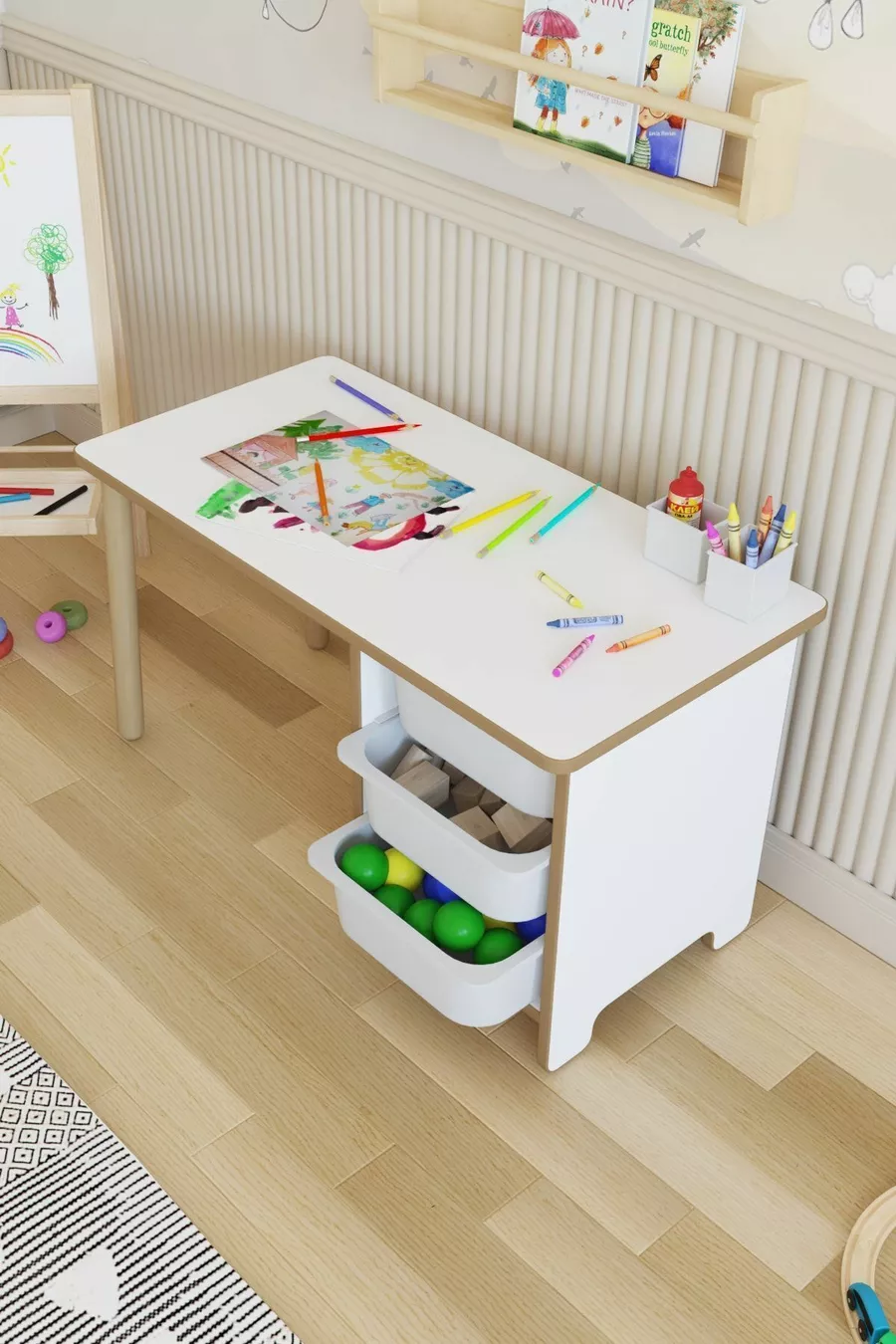 Table pour enfants Cm avec 3 paniers, table de travail pour enfants, table d'activités effaçable