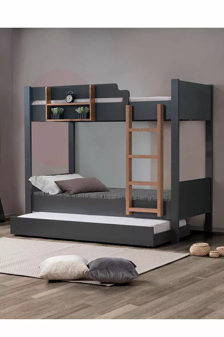 Lits superposés Ranza, lits superposés modulables avec tiroirs Anthracite - Noyer