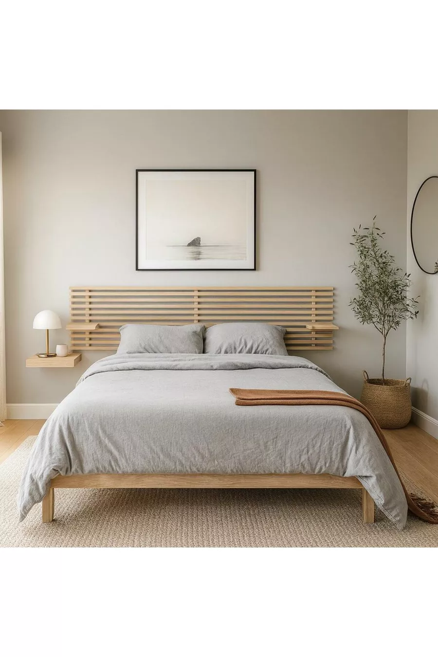 Tête de lit en bois massif naturel avec 2 étagères cm x cm