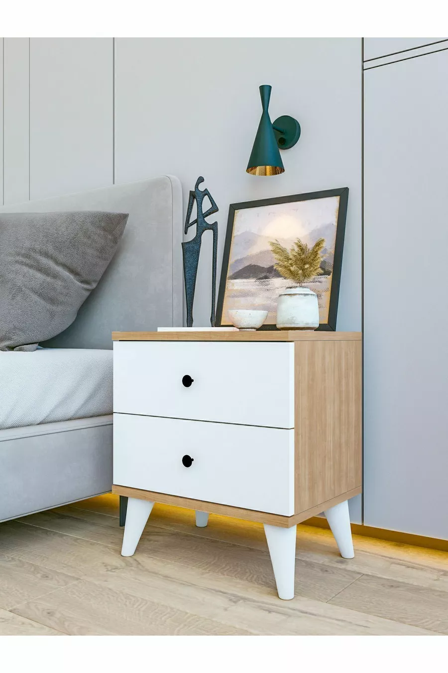 Table de chevet Marbella en bois avec tiroirs blanc brillant et marron pour chambre à coucher