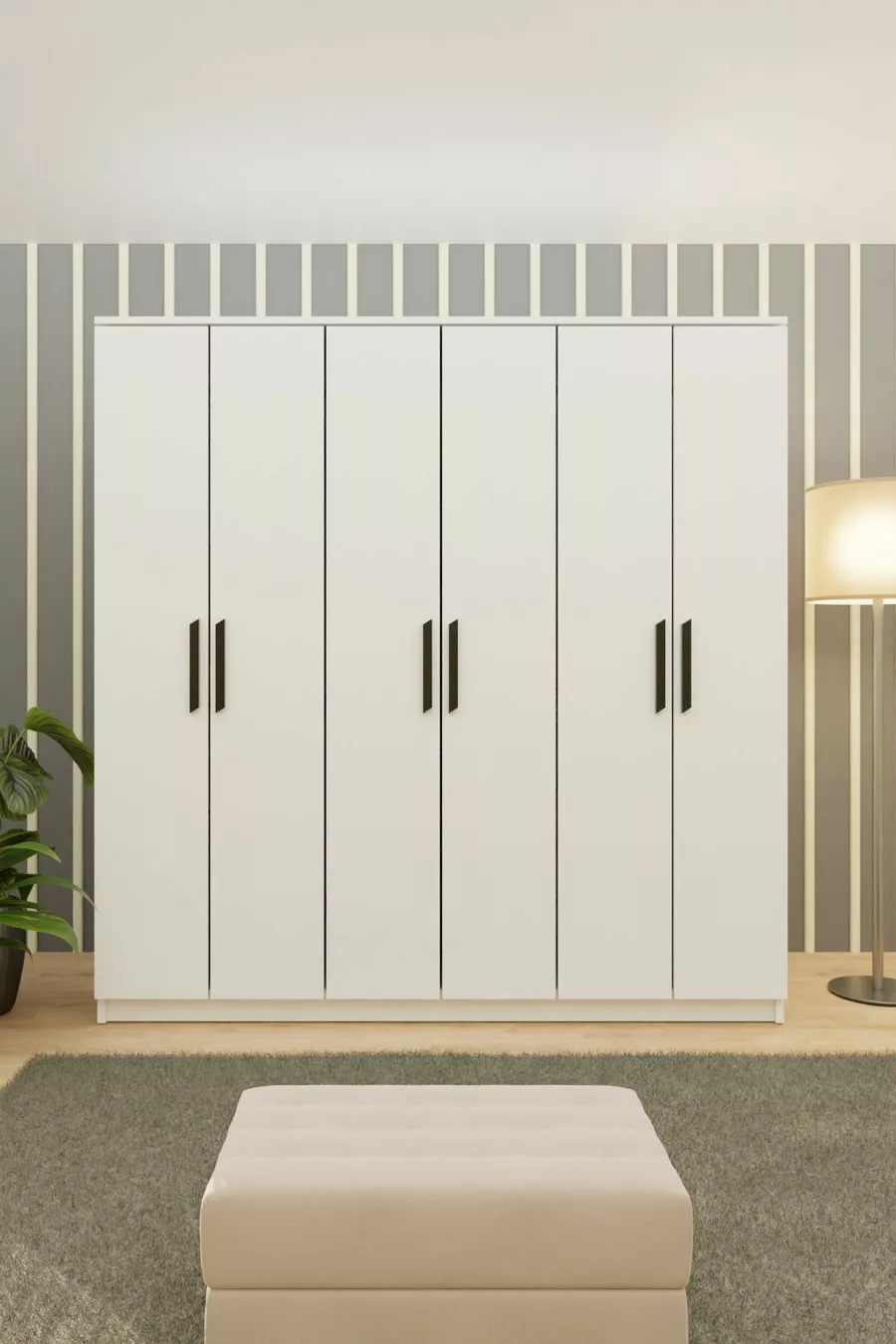 Gm  Placard préféré à 6 portes sans miroir, blanc avec poignées noires