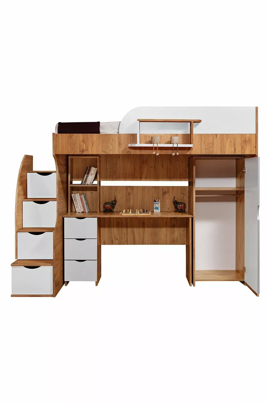 Lits superposés, Litera avec armoire et bureau, Noyer foncé-blanc, 1 matelas Comfort
