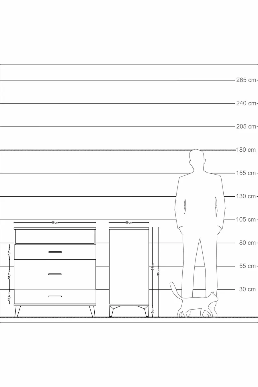 Commode Kronos avec une étagère et 3 tiroirs, Pierre de Lune-Pin
